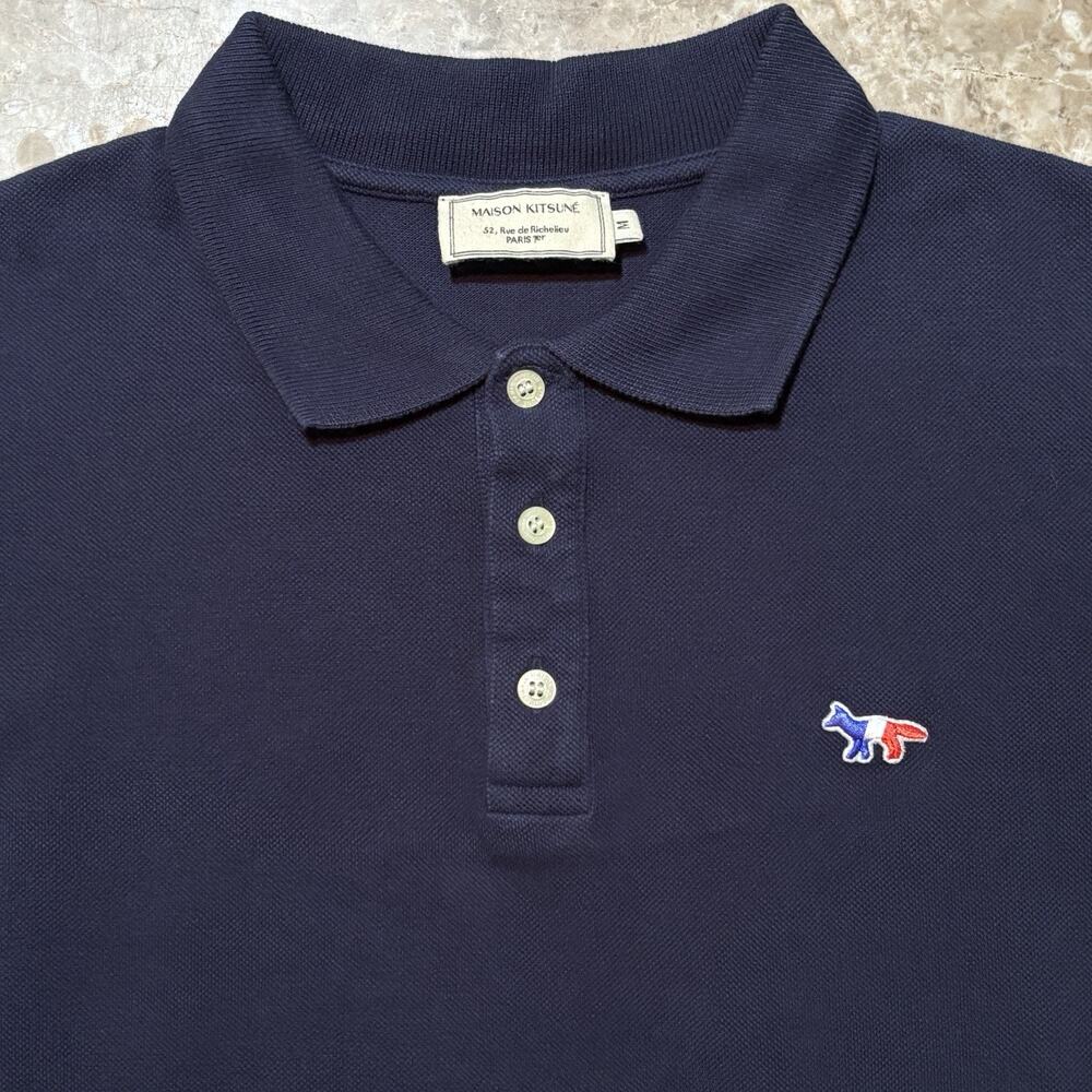 Maison Kitsune Polo Shirt Mens Medium Blue Pique Mesh Fox Paris Flag Preppy